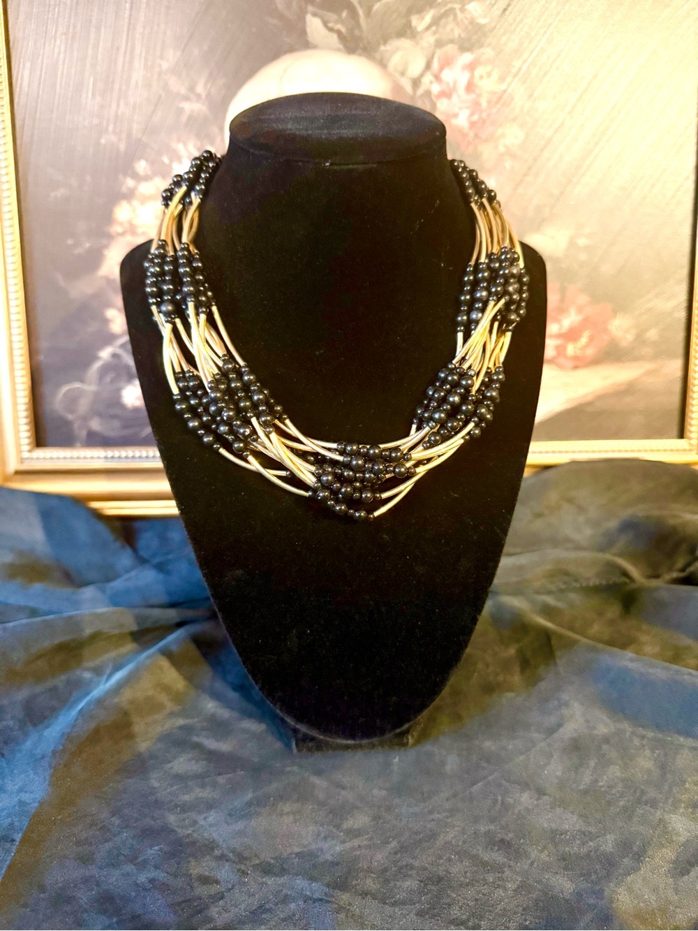 Vintage Multi-Strand Black Bead and Gold-Tone Necklace